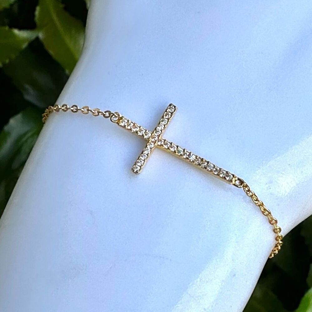 sterling forever  Sterling silver gold tone rhinestone cross bracelet